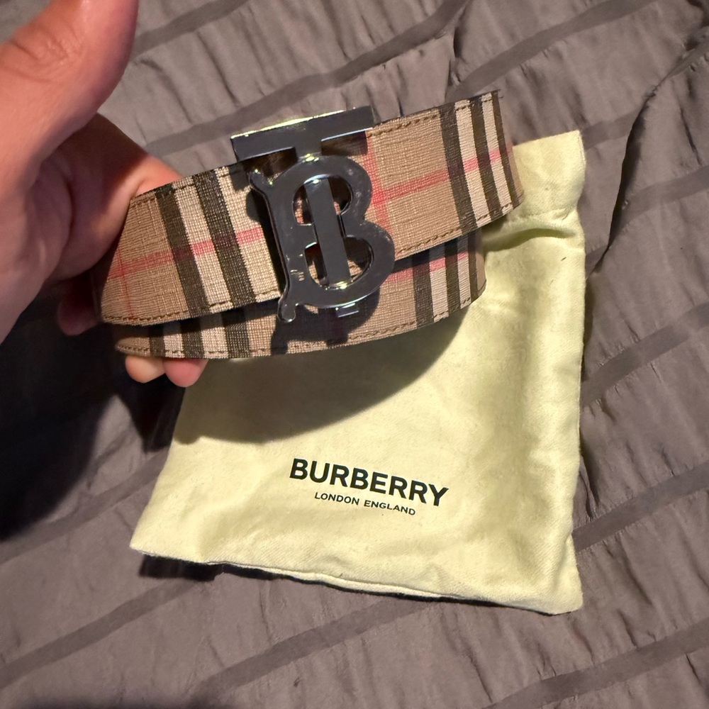 Burberry Tan Plaid Belt with Silver Logo Buckle
